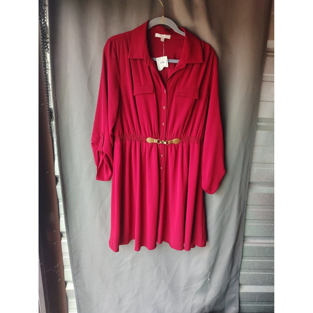 G Collection Red Button‎ Front Shirt Dress Long Sleeve Elastic Waist PXL NWT